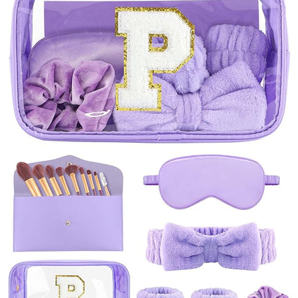 Gift Sets for Women, Initial Makeup Bag with Makeup Brush Set Bachelorette Party Favors, Purple Spa Kit with Skincare Headbands Wrist Bands Sleepover Party Supplies Gifts for Teen Girls Bridesmaid P