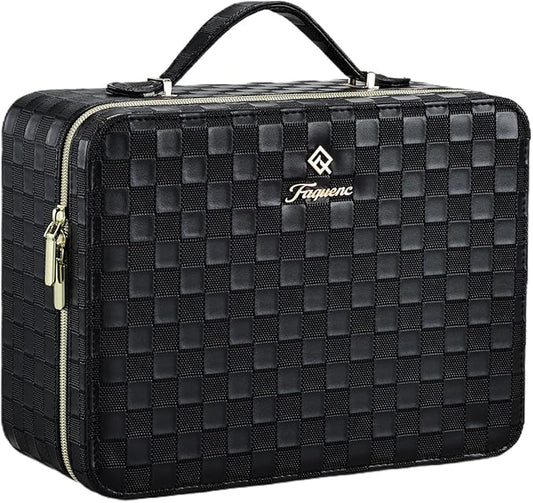 Leather Makeup Case with LED Lighted Mirror 11.4 Inch Travel Makeup Bag Adjustable Brightness in 3 Colors Cosmetic Organizer Artist Storage Bag with Dividers Brush Holder Bag Vanity Black Checkerboard