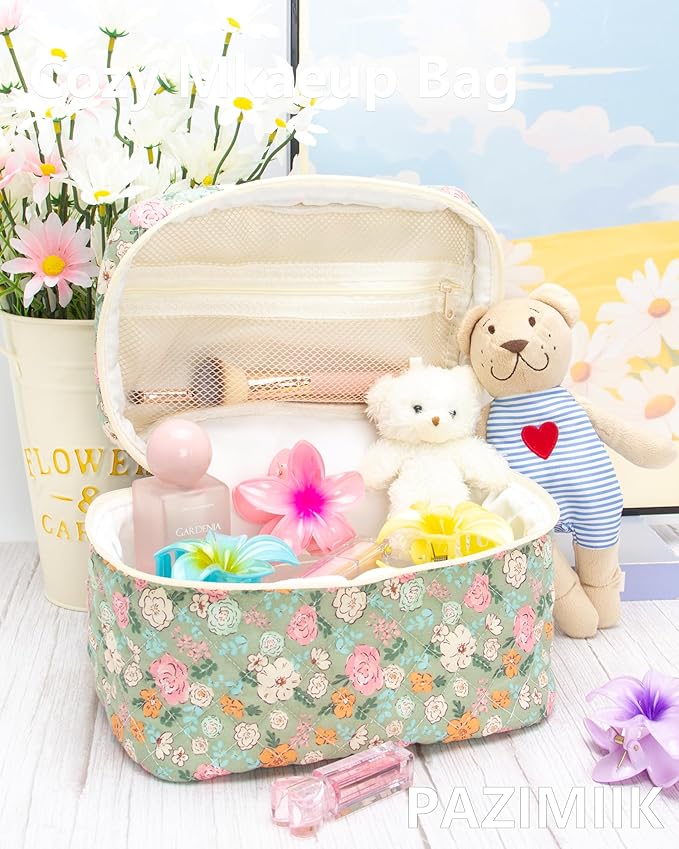 PAZIMIIK Quilted Makeup Bag Large Travel Zipper Soft Cosmetic Case for Women Girls Make Up,Green Flower