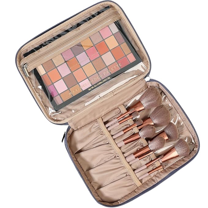 NISHEL Large Double Layer Travel Makeup Bag Women, Cosmetic Case, Organizer for Travel-Size Accessories Bottles, Brushes, Conditioner, and Skin Care Products, Aegean-Blue