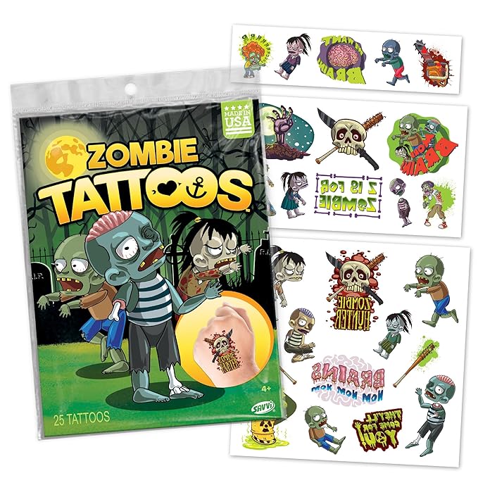 Zombie Halloween Tattoos Variety Pack – 25 Pack of Scary Temporary Tattoos for Kids & Adults, Fake Wounds, Blood, Stitches, Rotting Skin, Party Favors & Costume Makeup