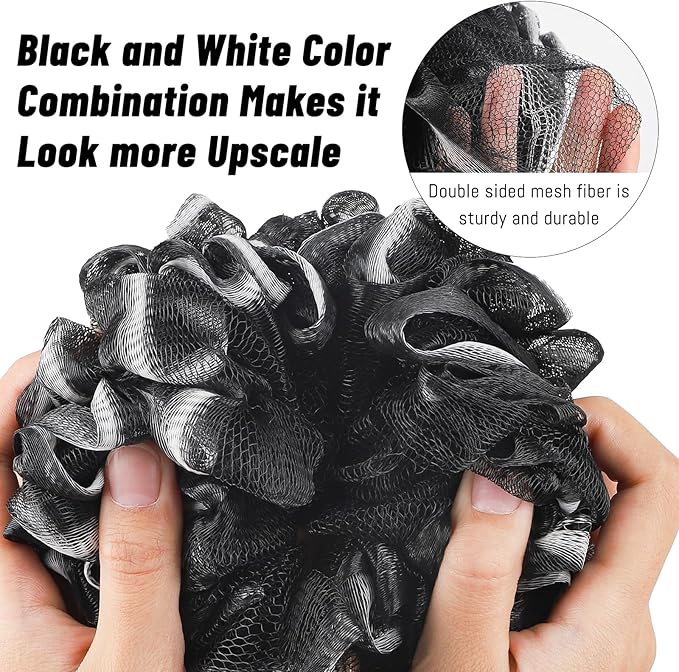 Loofah with Long Handle - Extra Large Soft PE Bath Sponge, Superior Mesh Body Scrubber for Shower with Hanging Rope - Exfoliating Back Scrubber for Shower, Suitable for Men & Women (Black)