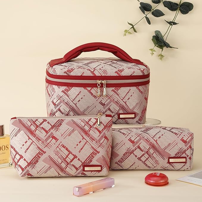 Richeart 3PC Makeup Bag Set, Cationic Jacquard Large Cosmetic Organizer, Back-Coated Solvent-Free Travel Toiletry Bag for Women - Red