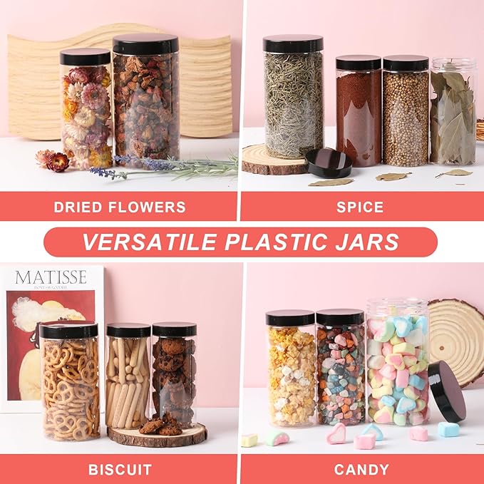 Plastic Jars with Lids 16 oz 24Pack,Empty Clear Plastic Jars with Lids for Storage, Round Leakproof Containers for Nuts,Cookies,Dried Fruit,Small Snacks(16fl.oz,set of 24)