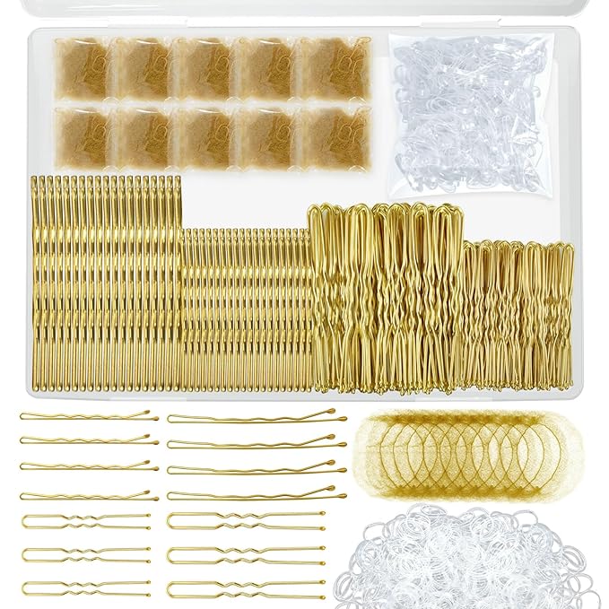 YINGFENG 510PCS Blonde Bobby Pins Hair Pins Kit with Hair Net, Includes 100 Bobby Pins for Women, 100 U Shaped Buns Hair Clips, 300 Hair Bands and 10 Blonde Hair Nets, Dance Competition Must Haves