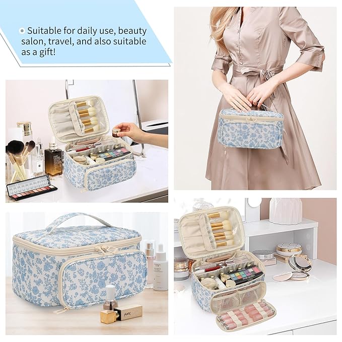 OCHEAL Makeup Bag, Multifunctional Make Up Bags Large Compact Makeup Bag Organizer Cosmetics Toiletry Brushes Storage Case for Women Girls Makeup Case with Handle Divider-Floar