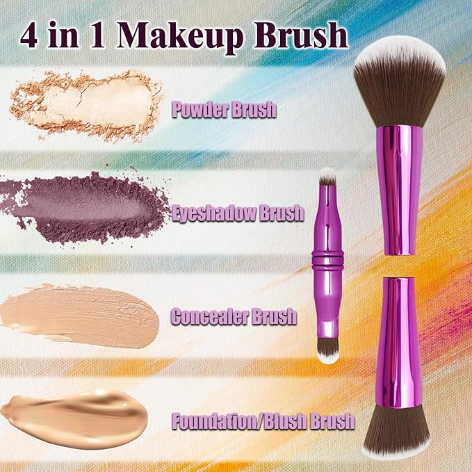 4 in 1 Makeup Brush Set, Travel Makeup Brushes with Case, Mini Makeup Brushes, Powder, Foundation, Concealer, Eyeshadow, Dual Ended, Synthetic Bristles, Purple