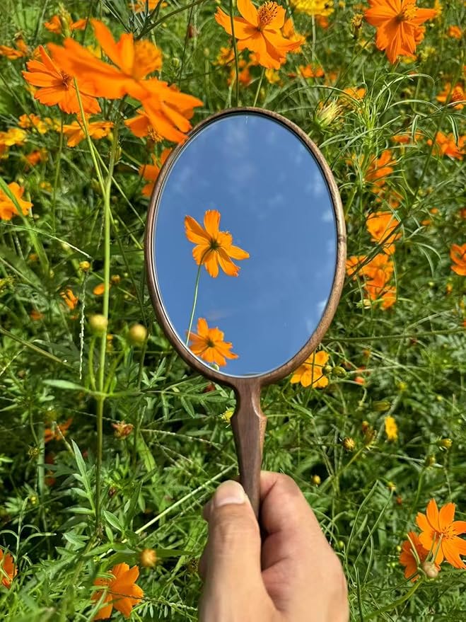 Hand Mirrors with Handle for Makeup, Touching Up and Shaving, Oval Vintage Hand Held Mirror for Men&Women, 11.4" L x 4.3" W, Multi-Purpose for Salon Home Travel, Walnut Wood