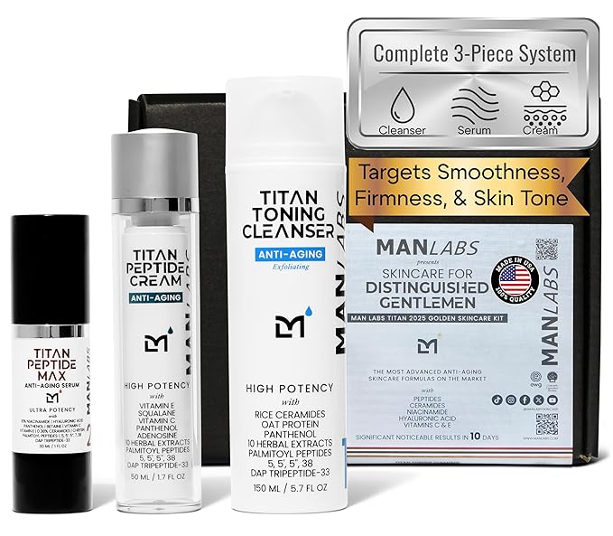 Titan Golden Anti-Aging Mens Skin Care Kit – Wash, Face Serum, Mens Face Moisturizer – Men, Skin Care Set – Dark Spots, Wrinkles, Fine Lines – Vitamin C, Peptides, Niacinamide, HA – Unscented