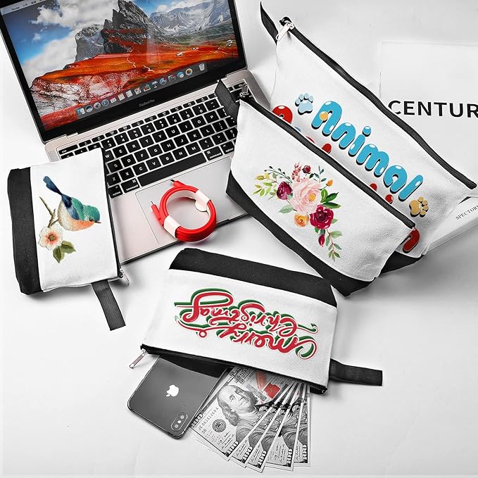 10 Pieces Cotton Canvas Makeup Bag with Bottom and Strap, Multi-Purpose Cosmetic Bag with Zipper Travel Toiletry Pouch, Blank DIY Craft Bag (White&Black, L)