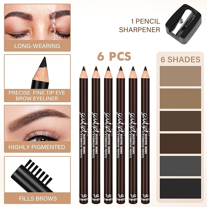 6Pcs Eyebrow pencil wooden，Brow Kit with Brush and Sharpener，Eyebrow Pencils for Women，Fine Tip Eye Brow Eye Liner for Eye Makeup,Shapes, Defines, Fills Brows (Light Brown-02)