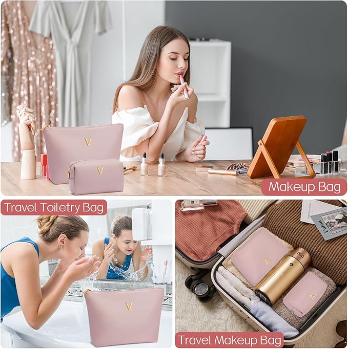 Women Gifts | Initial Makeup Bag Set for Girl Personalized Gifts for Bridesmaid Friend Graduation Teachers PU Leather Cosmetic Travel Toiletry Bag(Pink,V)
