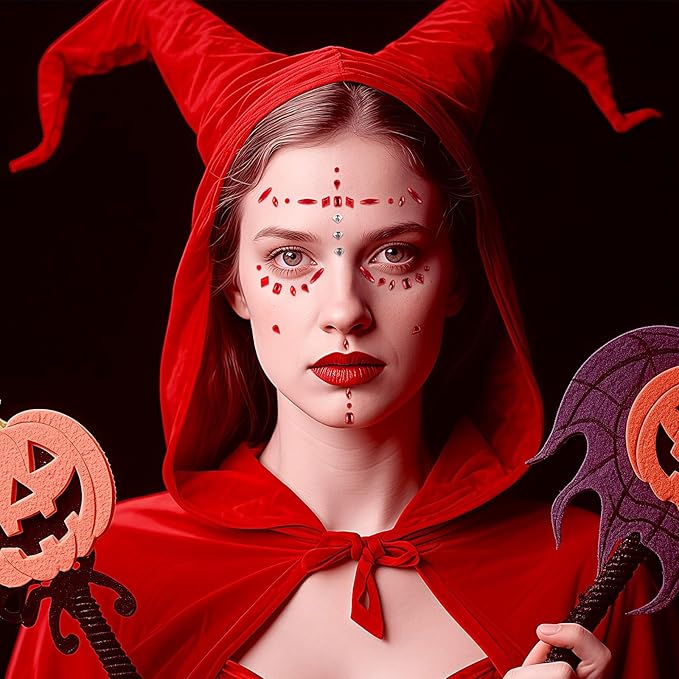 Red Face Gems, Halloween Face Rhinestone Makeup Festival Face Jewels, Zombie Gunshot Wound Fake Hole Scar Blood Scars Stick On Gems, Self-Adhesive Rhinestone Set for Halloween Makeup