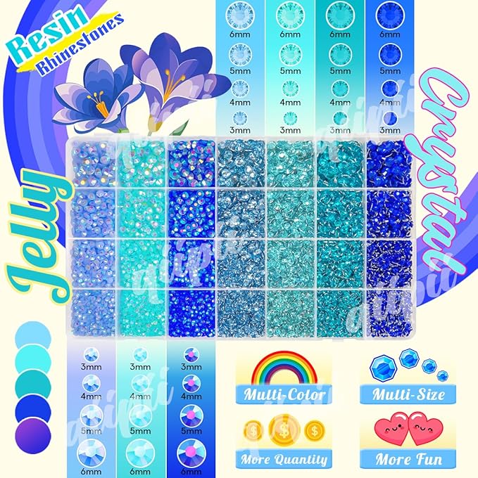 28 Types Blue Jelly Resin Rhinestones w B7000 Jewelry Glue for Bedazzling Crafting 3-6mm Flatback Colorful Stones Gems Diamonds for Face Eyes Makeup DIY Crafts Tumblers Bottles Clothes Shoes
