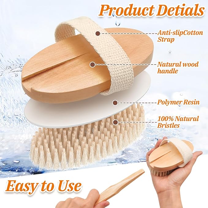 Wood Body Brush Set,20.6’’ Long Handle Bath Body Back Scrubber Soft & Stiff Bristles Detachable 2 Brush Heads Gentle Exfoliator Remove for Wet & Dry Use