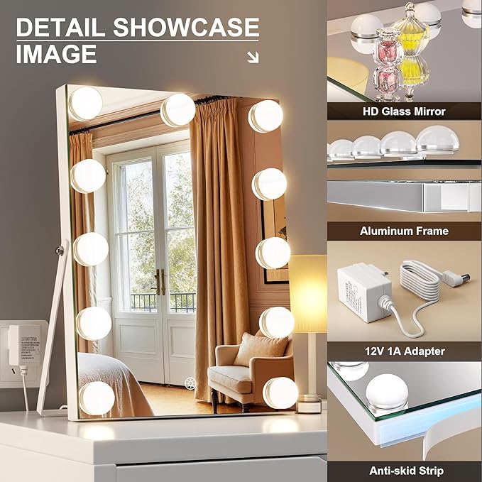 MINISO Vanity Mirror with Lights - 11" x 14" Hollywood Makeup Mirror with Adjustable Brightness,3 Modes Light, 360°Rotation