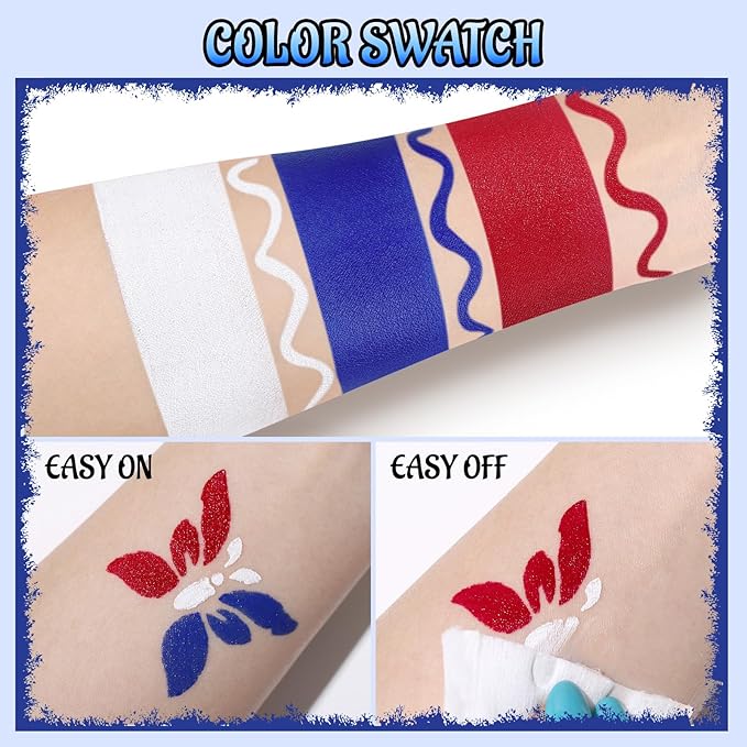 Red White Blue Face Body Paint with Applicator, Face Painting Kit for Halloween Crazy Clown Costume Makeup, US Flag Color 4th of July Independence Day America’s Patriotic Parades & Sports Eye Black