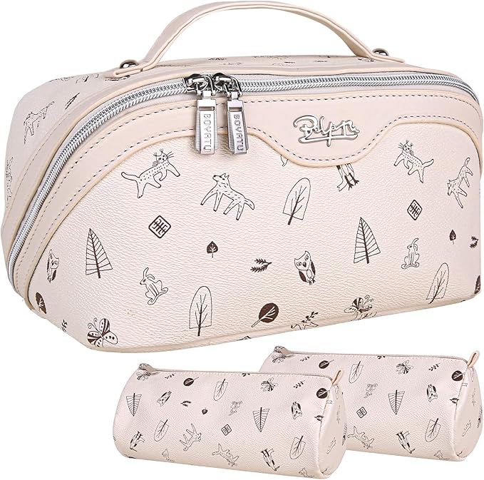 BOYATU Travel Makeup Bag Cosmetic Bags for Women: 3 Pcs Set Portable Make up Bag with Handle - Vegan Leather Toiletry Bags with Compartments - Makeup Organizer for Travel Essentials(04-white)
