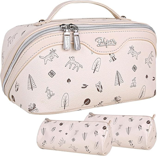 BOYATU Travel Makeup Bag Cosmetic Bags for Women: 3 Pcs Set Portable Make up Bag with Handle - Vegan Leather Toiletry Bags with Compartments - Makeup Organizer for Travel Essentials(04-white)