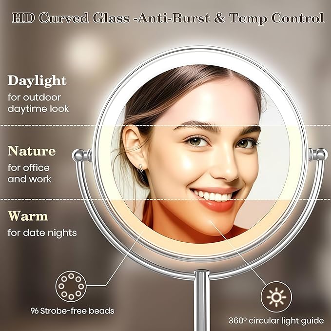 VESAUR Upgraded 11" Large 17" Tall Lighted Makeup Mirror Silver, 1X/10X Dual-Sided Magnifying with 15X Suction Mirror, 3 Color Adjustable Lights, 360° Swivel Dual Power Vanity Mirror, Gift Box