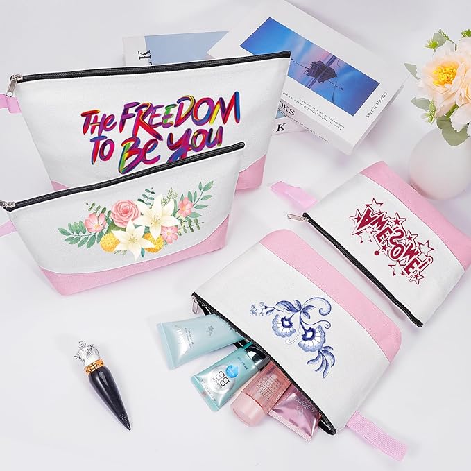10 Pieces Cotton Canvas Makeup Bag with Bottom and Strap, Multi-Purpose Cosmetic Bag with Zipper Travel Toiletry Pouch, Blank DIY Craft Bag (White&Pink, L)