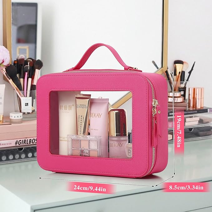 Pinkmik Clear Makeup Bag Waterproof Travel Case for Cosmetics and Toiletries Women's Makeup Organizer and Car Bag with Zipper (X/Fuxia, L)