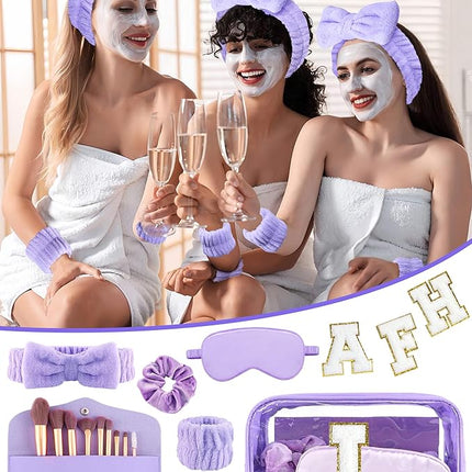 Gift Sets for Women, Initial Makeup Bag with Makeup Brush Set Bachelorette Party Favors, Purple Spa Kit with Skincare Headbands Wrist Bands Sleepover Party Supplies Gifts for Teen Girls Bridesmaid L