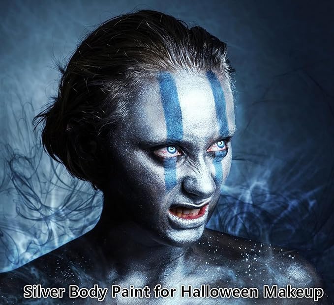Go Ho Metallic Silver Body Paint Washable(2.37oz/pc),Water Based Cream Silver Face Body Paint,Full Professional Face Paint for Halloween Costumes Festivals Cosplay SFX Makeup
