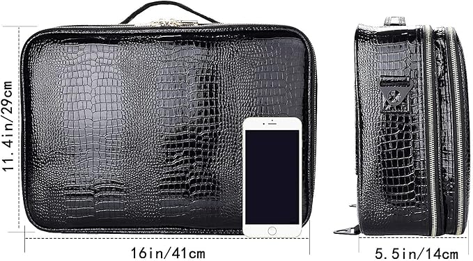 JOURMON Travel Makeup Case Portable Makeup Train Case Organizer Cosmetic Bag with Adjustable Dividers and Shoulder Strap for Makeup Brushes Toiletry Travel Accessories(Crocodile Pattern Black, L)