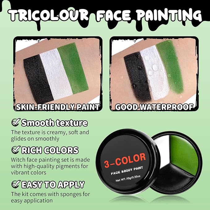 AIUEO 7PCS Green Face Paint with Fake Nose White Black Face Body Paint, Halloween Makeup Kit for Witch Monster Hulk SFX Makeup Cosplay Party