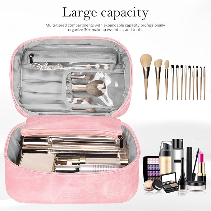 Makeup Bag, Portable Cosmetic Bag, Large Capacity Travel Makeup Case Organizer,Stylish Denim-Look Toiletry Bag for Women Girls With Handle and Removable Pouch