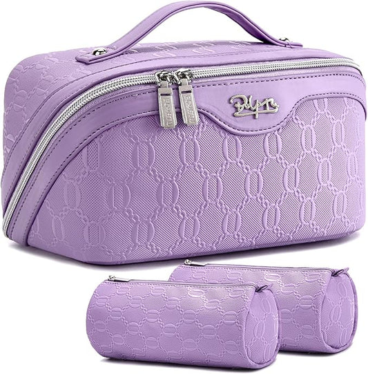 BOYATU Travel Makeup Bag for Women: Cosmetic Organizer Bag with Compartments - Leather Make up Bags Set of 3 (Purple)