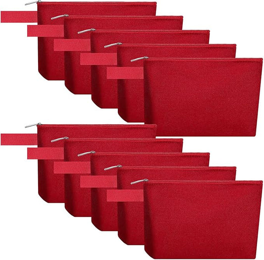 10 Pieces Cotton Canvas Makeup Bag with Bottom and Strap, Multi-Purpose Cosmetic Bag with Zipper Travel Toiletry Pouch, Blank DIY Craft Bag (Red, S)