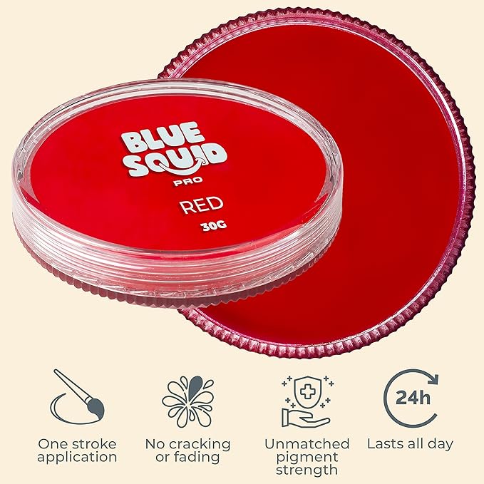 Blue Squid Face Paint Water Based Single Cake Professional Face Paint & Body Paint - Water Activated, Kids Adults Face Painting for Costume, Halloween Makeup, Cosplay - Classic Red Face Paint 30g