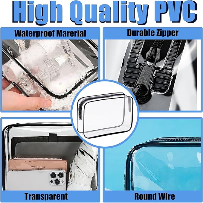 3 Pack Clear Cosmetic Bag, Waterproof Toiletry Bag with Zipper, Transparent Travel Makeup Bags, TSA Approved Clear Organizer Bags, PVC Cosmetic Pouch Case for Vacation Airport Airline Compliant