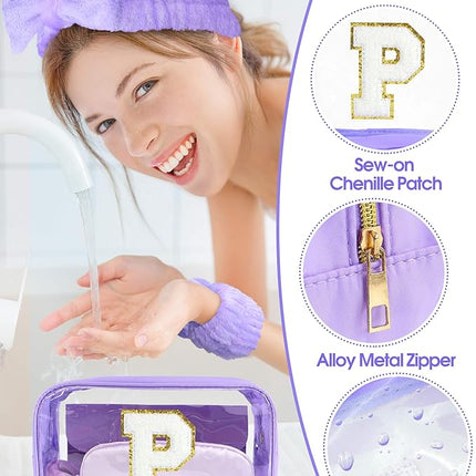 Gift Sets for Women, Initial Makeup Bag with Makeup Brush Set Bachelorette Party Favors, Purple Spa Kit with Skincare Headbands Wrist Bands Sleepover Party Supplies Gifts for Teen Girls Bridesmaid P