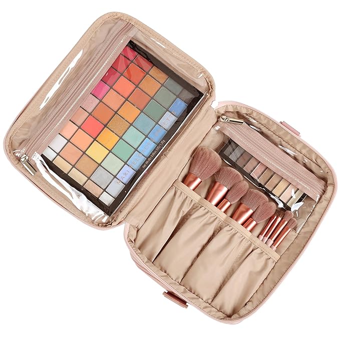 NISHEL Extra Large Double Layer Travel Makeup Bag Women, Cosmetic Organizer Case, Essentials Accessories with Shoulder Strap for Bottles, Brushes, Conditioner, Skin Care Products, Pink