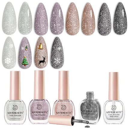 AZUREBEAUTY Matte Glitter Nail Polish Set 4 Colors Diamond Platinum Silver Purple Black Nude Nail Polish Quick Dry Natural Nail Kit with Top Coat DIY Salon Home