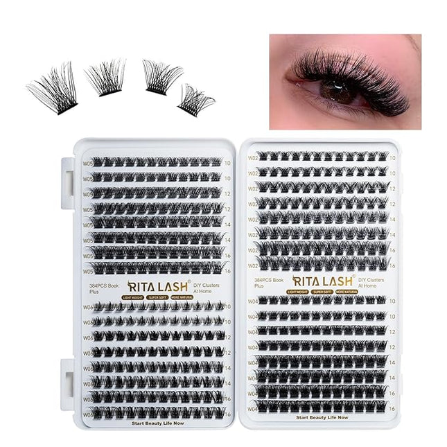Lash Clusters 384pcs 4 Style DIY Cluster Lashes Clusters Eyelash Extensions 10-16mm False Eyelashes Individual Lashes Wispy Lash Extension Natural Look(W02+W04+W05+W06 Lashes)