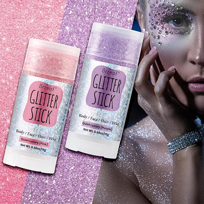 Brzeaf Waterproof Purple Glitter Stick, Shimmery&Long Lasting, Halloween Chunky Glitter for Face/Body/Hair/Eyes, Singer Concert Music Rave Festival, Glitter Stick Makeup for Women Men