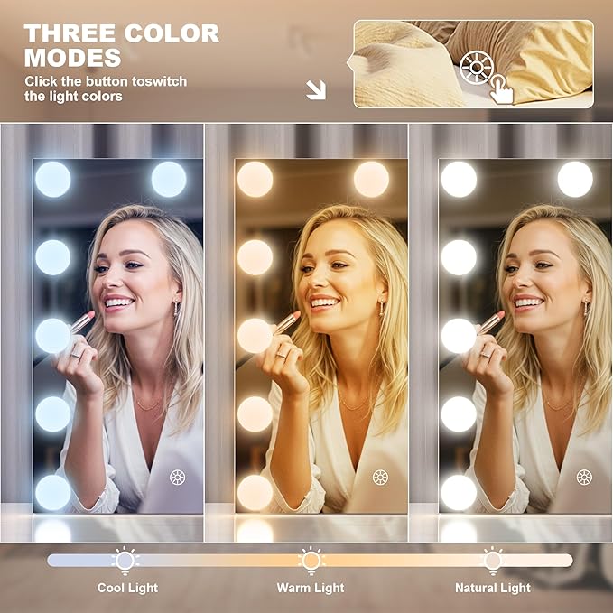 MINISO Vanity Mirror with Lights - 10" x 14" Hollywood Makeup Mirror with Adjustable Brightness,3 Modes Light, 360°Rotation