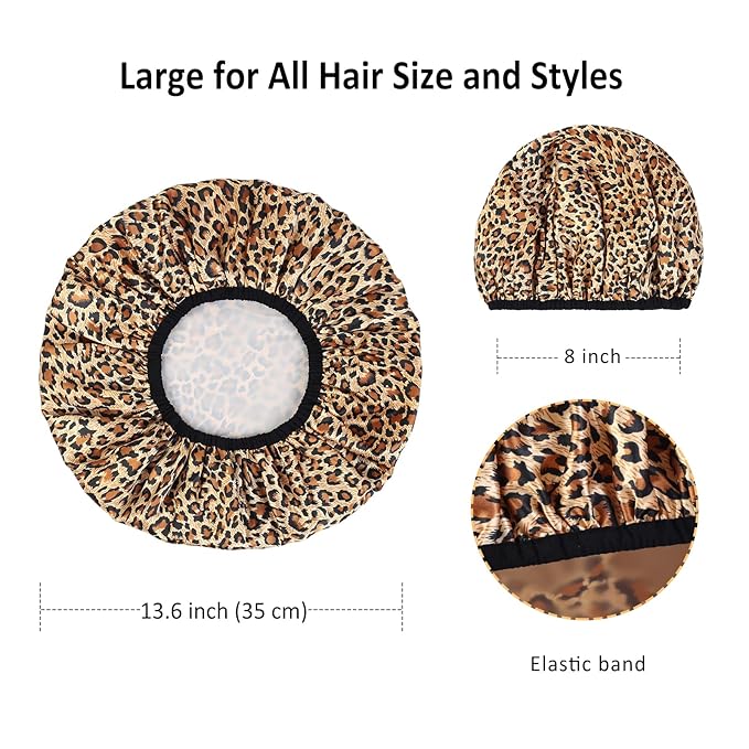 2-Pack Reusable Waterproof Shower Caps for Women, Double-Layer Elastic Bath hat,Extra Large Hair Cap for Long Curly Hair（Leopard）