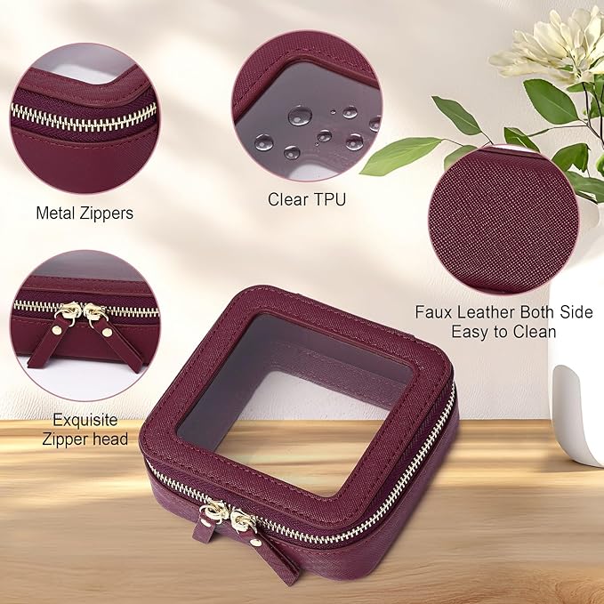 Pinkmik Small Makeup Bag Clear Mini Cosmetic Makeup Case & Toiletry Bag with Zipper Women's Purse Organizer & Car Essentials (X/Burgundy, MINI-1)