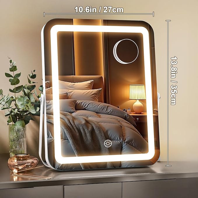 MINISO Vanity Mirror with Lights, 11" x 14" LED Makeup Mirror, Light & Brightness Adjustment, Smart Sensor, 360°Rotation, Aluminum Alloy Metal White Frame, with 5X Magnifying Glass