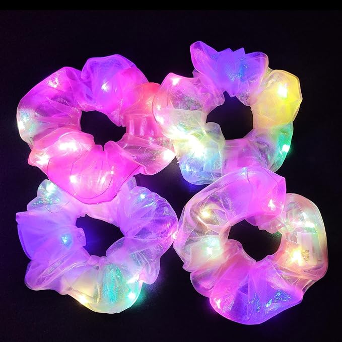 4Pcs Light Up Scrunchies Hair Tie, Pink LED Scrunchy Rave Hair Accessories for Women & Girls, Glow in the Dark Party Supplies Sleepover Party Favor Festival Accessory for Birthday Gifts for Girls