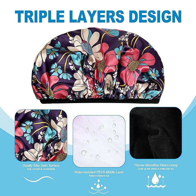 Shower Caps for Women, 2 PCS 3 Layers Terry Lined Shower Cap + 2 Satin Scrunchies, Waterproof Terry Cloth Bath Caps Elastic and Reusable Hair Cap for Shower - (Black+Flower B)