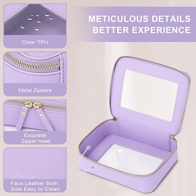 Pinkmik Clear Makeup Bag for Women Waterproof Travel Cosmetics and Toiletries Case Portable Makeup Oaganizer Bag Clear Car Bag with Zipper (X/Purple, M)