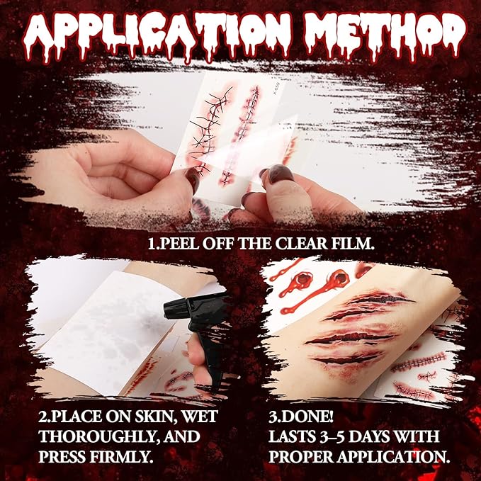 Halloween Makeup Kit - Dark Fake Blood Spray + 4 Sheet Temporary Scars Wounds Tattoos , Realistic Dark Blood Splatter Non-Toxic Washable for Zombie, Clown, Vampire Cosplay, Costume, Stage, SFX Make Up