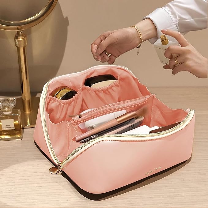 Prite Makeup Bag for Women Travel Waterproof Vegan Leather Cosmetic Bag Open Flat Toiletry Bag With Clear Divider and Handle (Pink)