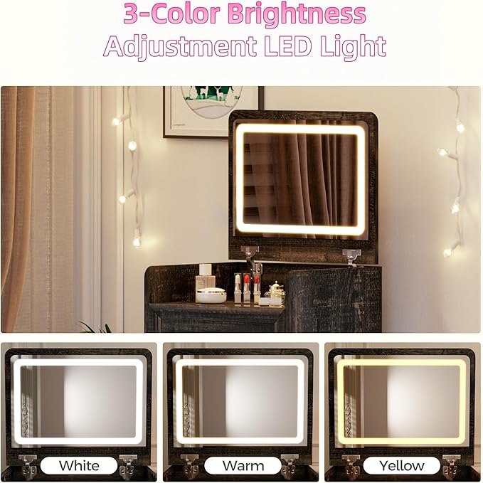 Makeup Vanity, 3-in-1 Vanity with Flip-Top Mirror, Visible Glass Desktop & 3-Color Lighting, 20'' Intelligent Makeup Desk with USB Charging Station & Hidden Storage Stool for Bedroom, Brown